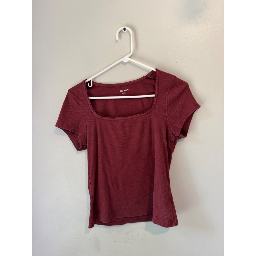Old Navy Womens Ribbed Square Neck Top Burgundy Short Sleeve Picot Trim Large
